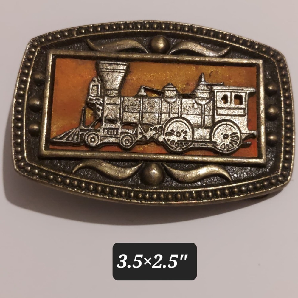 Vintage Train Steam Engine Orange Background RR Belt Buckle By CII New York